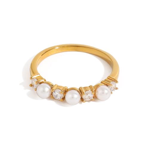 Stainless Steel Finger Ring, 304 Stainless Steel, with Plastic Pearl, 18K gold plated, fashion jewelry & for woman, Sold By PC