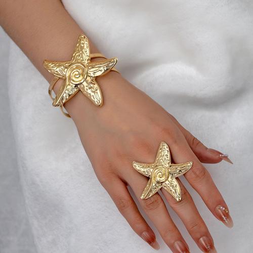 Tibetan Style Jewelry Sets, cuff bangle & finger ring, Starfish, plated, for woman, gold, Sold By Set