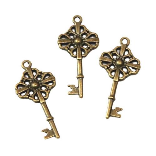 Tibetan Style Key Pendants, antique brass color plated, DIY, 40x19mm, 60PCs/Bag, Sold By Bag