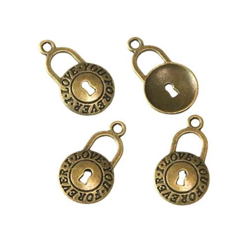 Tibetan Style Lock Pendants, antique brass color plated, DIY, 22x13mm, 100PCs/Bag, Sold By Bag