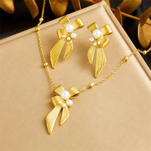 Fashion Stainless Steel Jewelry Sets, 304 Stainless Steel, with Plastic Pearl, Bowknot, fashion jewelry & different styles for choice & for woman, golden, Sold By PC