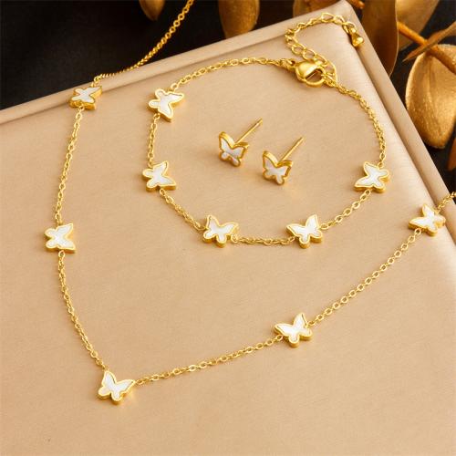 Fashion Stainless Steel Jewelry Sets, 304 Stainless Steel, with White Shell, Butterfly, fashion jewelry & different styles for choice & for woman, golden, Sold By PC