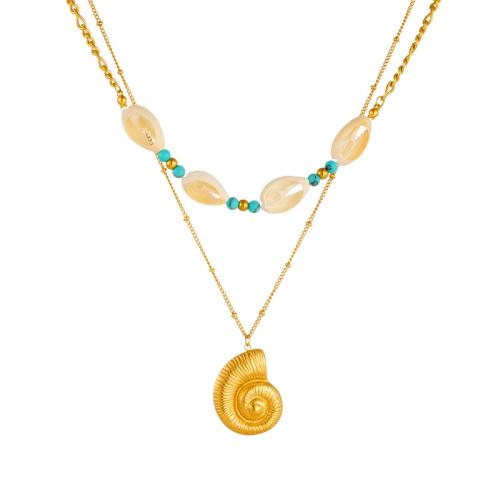 Stainless Steel Jewelry Necklace, 304 Stainless Steel, with turquoise & Shell, with 6cm extender chain, Conch, Double Layer & fashion jewelry & for woman, golden, 20x25mm, Sold Per Approx 40 cm, Approx 45 cm Strand