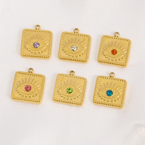 Stainless Steel Pendants, 304 Stainless Steel, Square, Vacuum Ion Plating, DIY & evil eye pattern & with rhinestone, more colors for choice, 13x15mm, Sold By PC