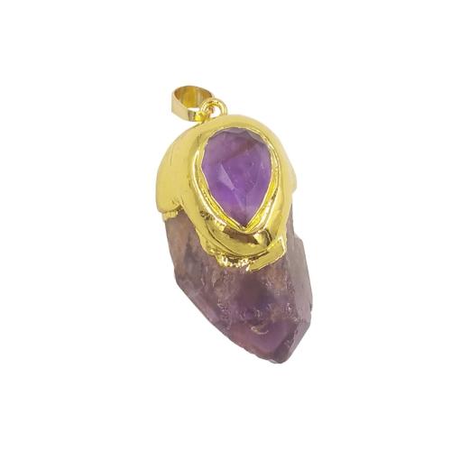 Quartz Gemstone Pendants, Amethyst, with Brass, irregular, gold color plated, DIY, purple, Sold By PC