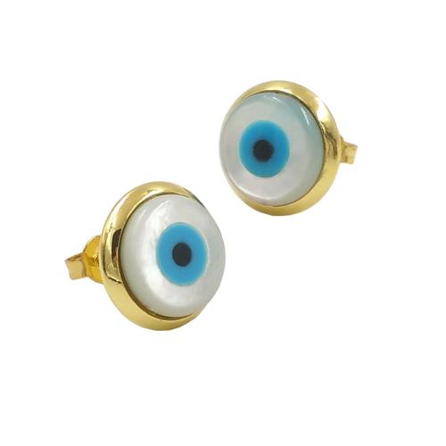 Evil Eye Earrings, Brass, with Shell, gold color plated, fashion jewelry & for woman, 10x10mm, Sold By Pair