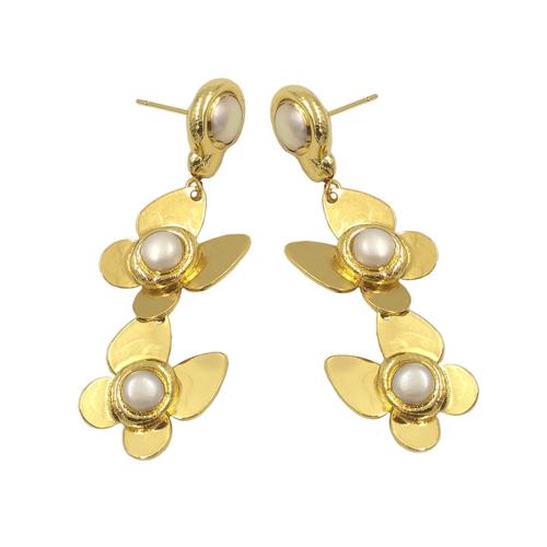 Boucles d'oreilles pendantes en laiton, avec perle d'eau douce cultivée, papillon, Placage de couleur d'or, bijoux de mode & pour femme, protéger l'environnement, sans nickel, plomb et cadmium, 17x59mm, Vendu par paire