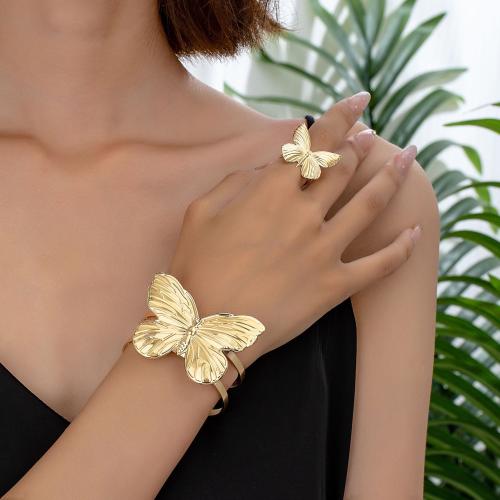 Tibetan Style Jewelry Sets, cuff bangle & finger ring, Butterfly, plated, for woman, gold, Sold By Set