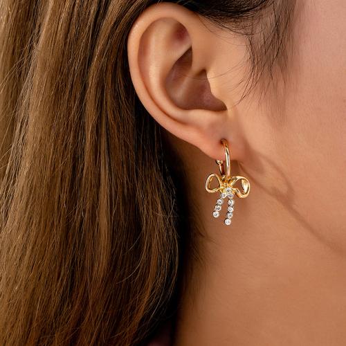 Tibetan Style Stud Earring, Bowknot, plated, micro pave cubic zirconia & for woman, gold, Sold By Pair