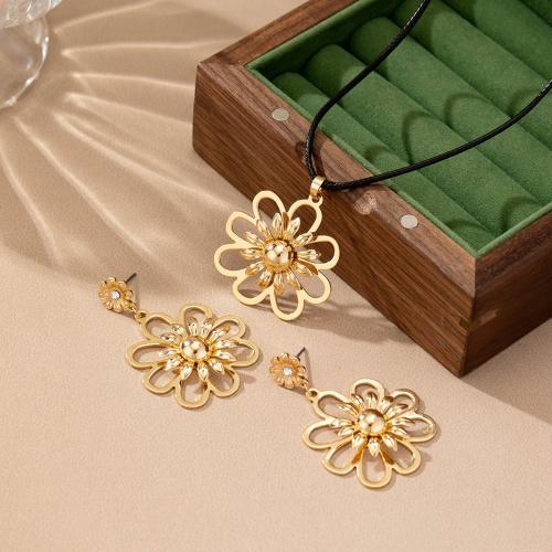 Tibetan Style Jewelry Sets, Stud Earring & necklace, with Wax Cord, petals, plated, micro pave cubic zirconia & for woman, gold, Sold By Set