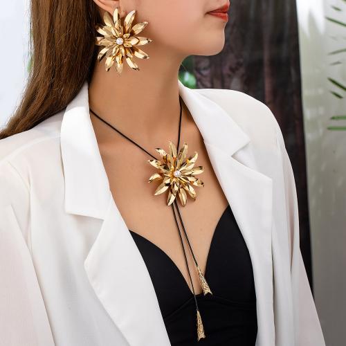 Tibetan Style Jewelry Sets, Stud Earring & necklace, with Wax Cord & Plastic Pearl, petals, plated, for woman, gold, Sold By Set