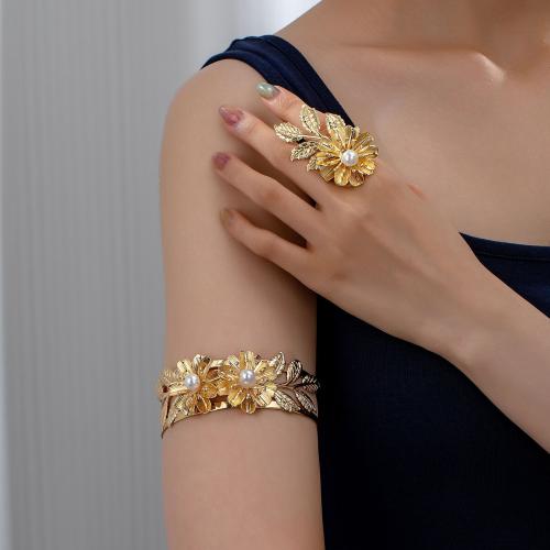 Tibetan Style Jewelry Sets, finger ring, with Plastic Pearl, petals, plated, for woman, gold, Sold By Set