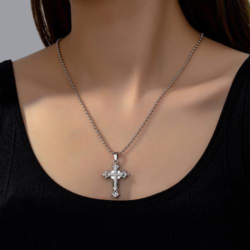 Tibetan Style Jewelry Necklace, Cross, plated, micro pave cubic zirconia & for woman, silver color, Sold By PC