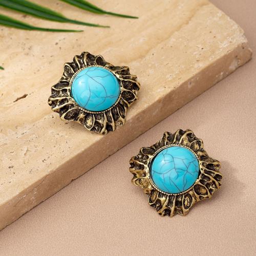 Boucle d'oreille dormeuse en alliage de zinc, avec turquoise synthétique, Placage, pour femme, couleur originale, Vendu par paire