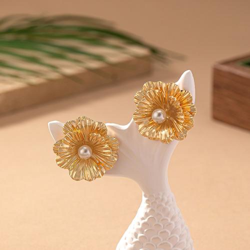 Tibetan Style Stud Earring, with Plastic Pearl, petals, plated, for woman, gold, Sold By Pair