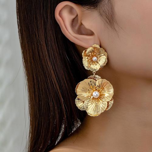 Tibetan Style Stud Earring, with Plastic Pearl, petals, plated, for woman, gold, Sold By Pair