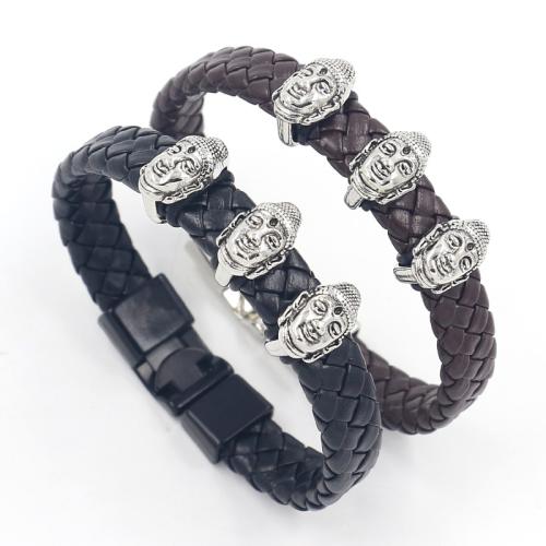 PU Leather Bracelet, with Tibetan Style, Buddha, punk style & Unisex, more colors for choice, 210x11mm, Sold By PC