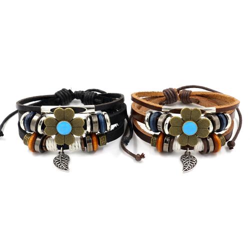 Cowhide Bracelet, with Tibetan Style, Flower, vintage & multilayer & for woman, more colors for choice, Sold By PC