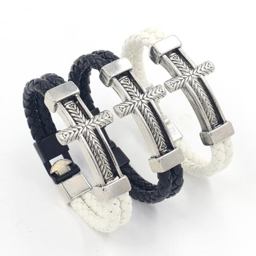 PU Leather Bracelet, with Tibetan Style, Cross, punk style & Unisex, more colors for choice, Length:Approx 21.5 cm, Sold By PC