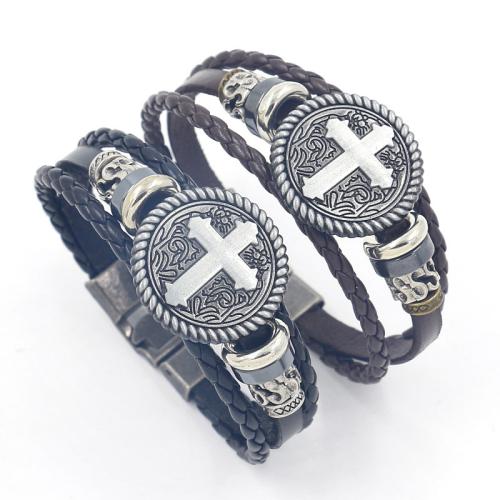 PU Leather Bracelet, with Cowhide & Tibetan Style, Cross, multilayer & punk style & Unisex, more colors for choice, Length:Approx 21 cm, Sold By PC