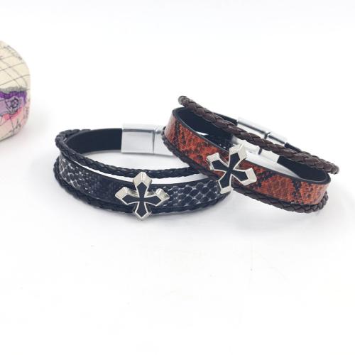 PU Leather Bracelet, with Tibetan Style, Cross, punk style & Unisex, more colors for choice, 210x12mm, Sold By PC