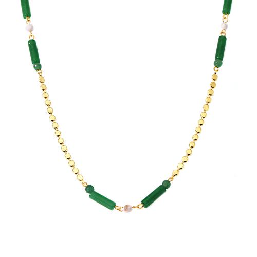 Stainless Steel Jewelry Necklace, 304 Stainless Steel, with Green Aventurine, with 5cm extender chain, fashion jewelry & for woman, golden, Length:Approx 43 cm, Sold By PC