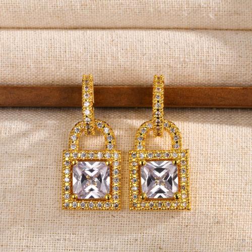 Cubic Zirconia Micro Pave Brass Earring, Lock, fashion jewelry & micro pave cubic zirconia & for woman, golden, 14.60x33mm, Sold By Pair