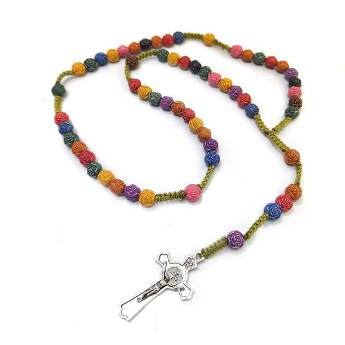 Rosary Necklace, Plastic, with Knot Cord & Tibetan Style, Cross, handmade, fashion jewelry & Unisex, multi-colored, Cross: 2.6*5cm, Length:Approx 53.5 cm, Sold By PC