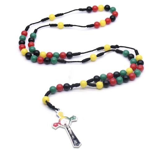 Rosary Necklace, Plastic, with Knot Cord & Tibetan Style, Cross, handmade, fashion jewelry & Unisex, multi-colored, Length:Approx 49 cm, Sold By PC