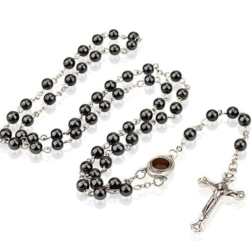 Rosary Necklace, Non Magnetic Hematite, with Tibetan Style, Cross, silver color plated, fashion jewelry & Unisex, cross:4.2x2.2cm ,maria:1.5x2cm,beads:8mm, Length:Approx 56 cm, Sold By PC