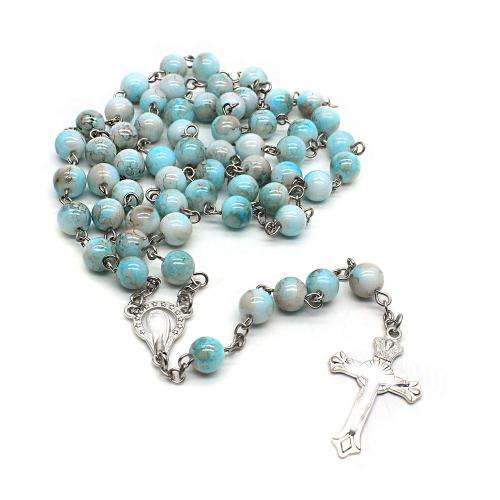 Rosary Necklace, Glass, with Tibetan Style, Cross, silver color plated, fashion jewelry & Unisex, beads:8mm, Length:Approx 58 cm, Sold By PC