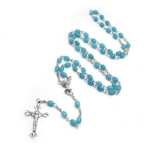 Rosary Necklace, Glass, with Tibetan Style, Cross, silver color plated, fashion jewelry & Unisex, cross:2.5*4.5cm, Length:Approx 55 cm, Sold By PC