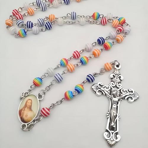 Rosary Necklace, Resin, with Tibetan Style, Cross, silver color plated, fashion jewelry & Unisex, multi-colored, Cross:5.5x3.2cm, Length:Approx 67 cm, Sold By PC