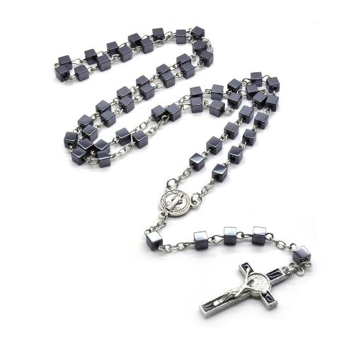 Rosary Necklace, Non Magnetic Hematite, with Tibetan Style, Cross, silver color plated, fashion jewelry & Unisex, more colors for choice, Length:Approx 56 cm, Sold By PC