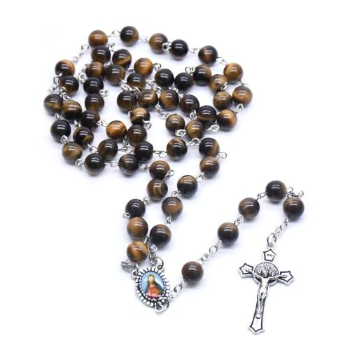 Rosary Necklace, Tiger Eye, with Tibetan Style, Cross, silver color plated, fashion jewelry & Unisex, more colors for choice, beads:8mm, Length:Approx 58.5 cm, Sold By PC