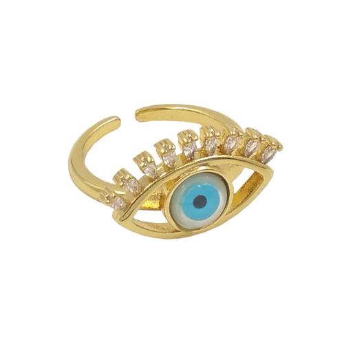 Bijoux Finger Evil Eye Anneau, laiton, avec coquille, Mauvais œil, Placage de couleur d'or, Réglable & bijoux de mode & unisexe & pavé de micro zircon, protéger l'environnement, sans nickel, plomb et cadmium, 13x22mm, Taille:7, Vendu par PC