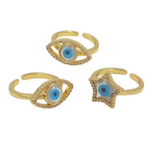 Bijoux Finger Evil Eye Anneau, laiton, avec coquille, Placage de couleur d'or, Réglable & bijoux de mode & unisexe & pavé de micro zircon, plus de couleurs à choisir, protéger l'environnement, sans nickel, plomb et cadmium, Taille:7, Vendu par PC