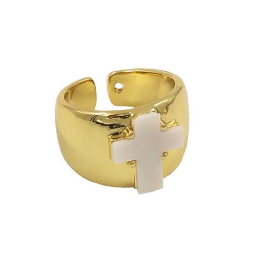 Brass Finger Ring, with Shell, Cross, gold color plated, Adjustable & fashion jewelry & Unisex, nickel, lead & cadmium free, 12x14mm, US Ring Size:7, Sold By PC