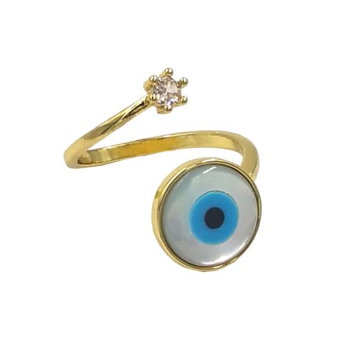 Evil Eye Schmuck Fingerring, Messing, mit kubischer Zirkonia & Muschel, goldfarben plattiert, Einstellbar & Modeschmuck & für Frau, frei von Nickel, Blei & Kadmium, 12x12mm, Größe:7, verkauft von PC