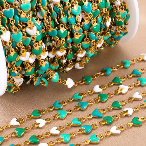 Stainless Steel Jewelry Chain, 304 Stainless Steel, Heart, gold color plated, DIY & enamel, green, 1m/Bag, Sold By Bag