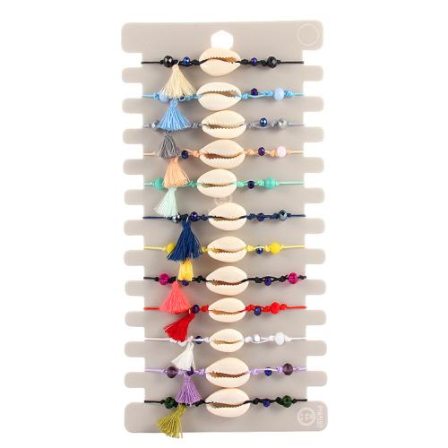 Shell Jewelry Bracelet, with Knot Cord, Adjustable & for woman, multi-colored, 12PCs/Set, Sold By Set