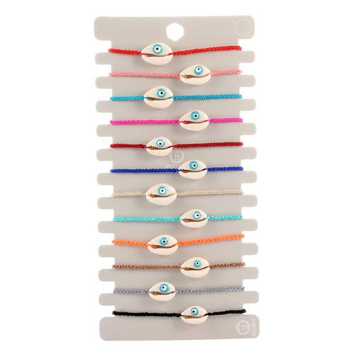 Shell Jewelry Bracelet, with Knot Cord, Adjustable & evil eye pattern & for woman, multi-colored, 12PCs/Set, Sold By Set