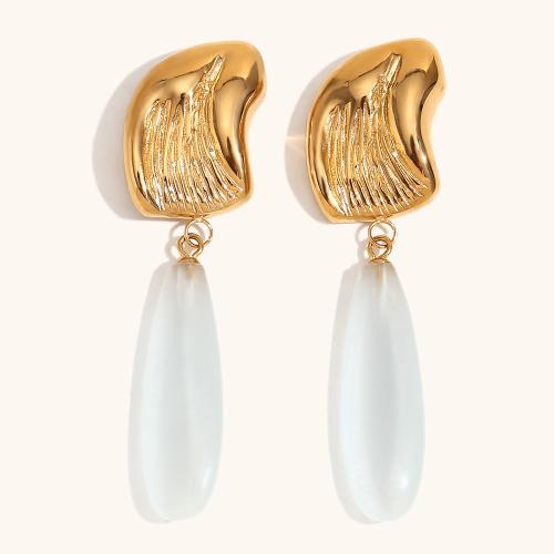 Stainless Steel Stud Earrings, 304 Stainless Steel, with Plastic Pearl, 18K gold plated, fashion jewelry & for woman, Sold By Pair