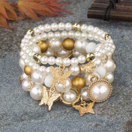 Tibetan Style Bracelet, with Elastic Thread & Plastic Pearl & Acrylic, plated, 4 pieces & fashion jewelry & for woman, Sold By Set