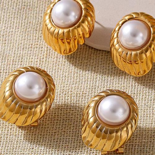 Stainless Steel Stud Earrings, 304 Stainless Steel, with Shell Pearl, plated, fashion jewelry & for woman, more colors for choice, Sold By Pair