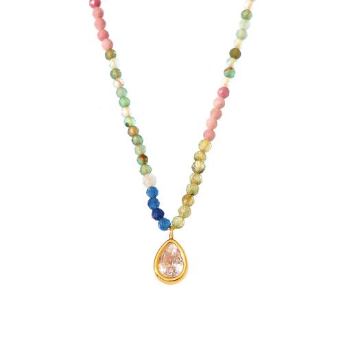 Stainless Steel Jewelry Necklace, 304 Stainless Steel, with Natural Stone & Opal, with 2.7 Inch extender chain, plated, fashion jewelry & for woman, golden, Length:Approx 15.7 Inch, Sold By PC