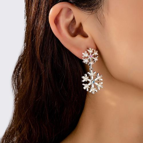 Tibetan Style Stud Earring, with Plastic Pearl, Snowflake, plated, micro pave cubic zirconia & for woman, silver color, Sold By Pair