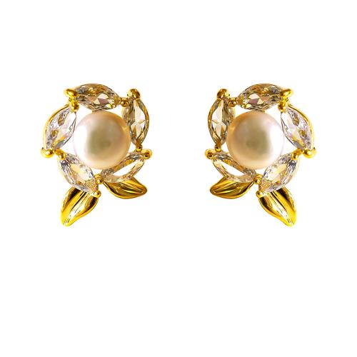 Cubic Zirconia Micro Pave Brass Earring, with Freshwater Pearl, plated, micro pave cubic zirconia & for woman, gold, 25x13mm, Sold By Pair