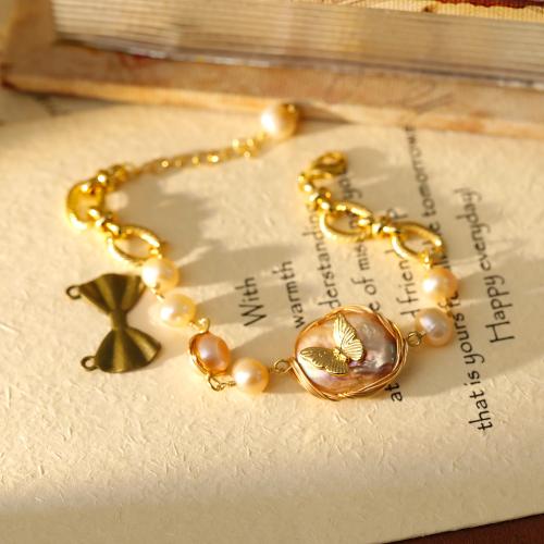 Brass Bracelet & Bangle, with Freshwater Pearl, with 3 extender chain, plated, for woman, gold, Length:Approx 17 cm, Sold By PC