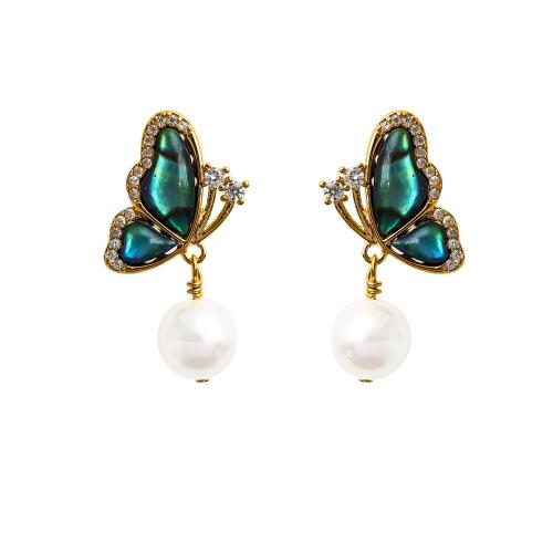 Boucles d'oreilles en laiton zircon cubique pavent, avec coquille d'ormeau & perle d'eau douce cultivée, papillon, Placage, pavé de micro zircon & pour femme, Or, 28x12mm, Vendu par paire